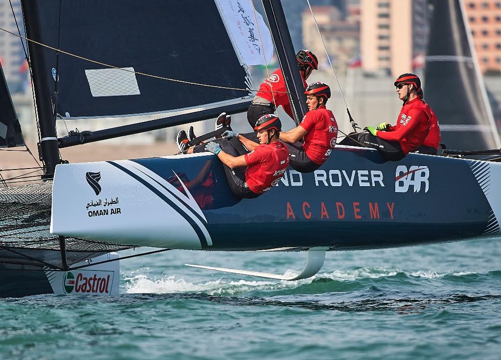 Day one champions and Act one podium finishers, Land Rover BAR Academy fly a hull. © Aitor Alcalde Colomer